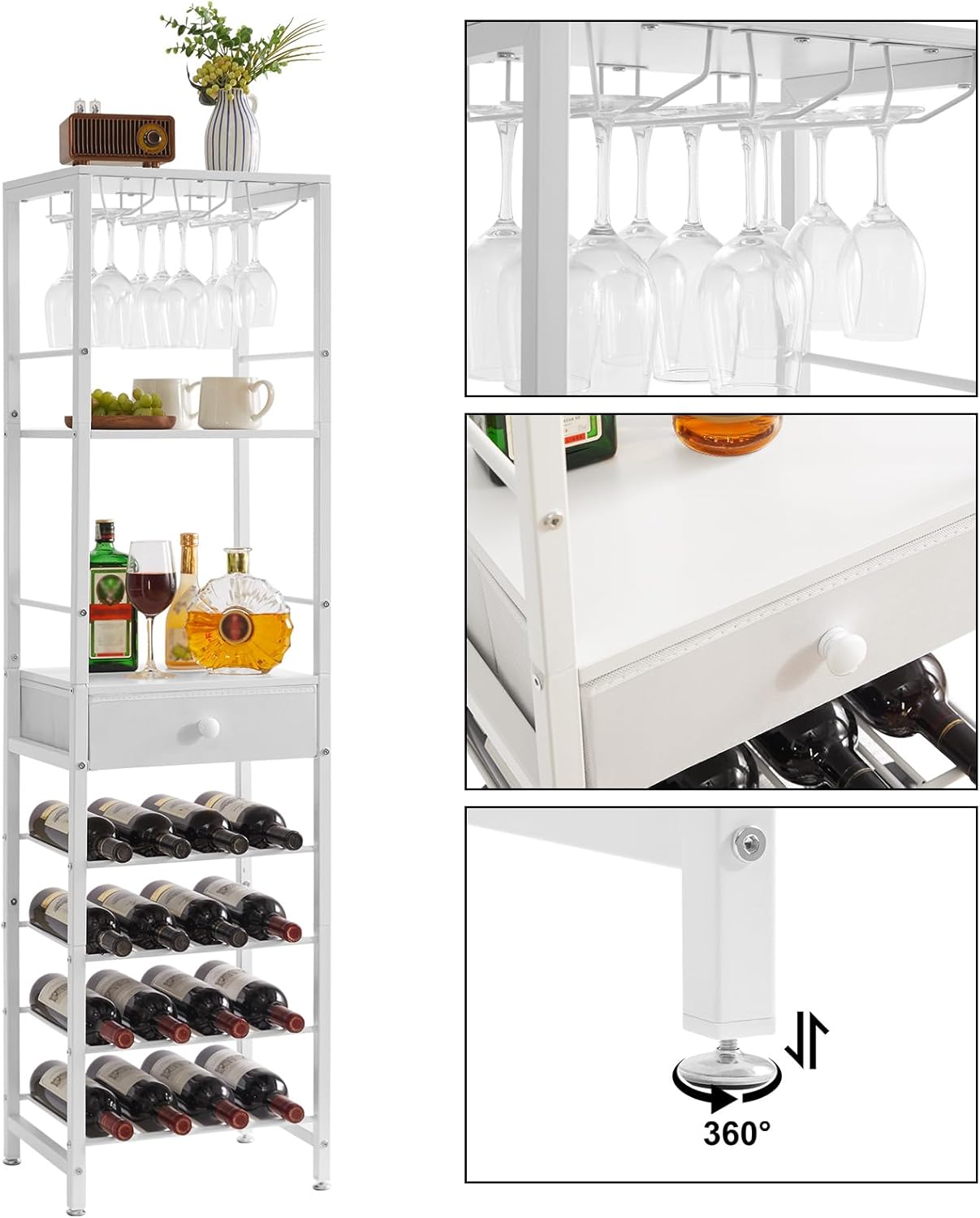 IBUYKE Wine Rack Freestanding Floor, Bar Cabinet for Liquor and Glasses,Coffee Bar Cabinet 4-Tier Wood bar Cabinet,Glass Holder and Storage Drawer for Home Bar Kitchen Living Room,White UTMJ905W