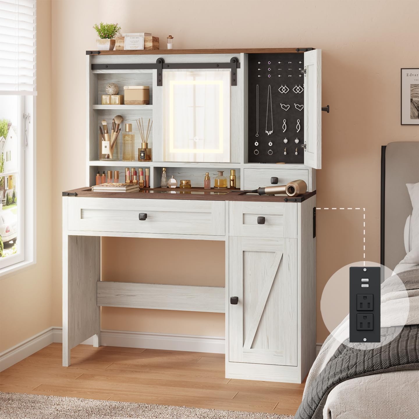 EROMMY 42" Farmhouse Makeup Vanity Desk with Lighted Mirror & Power Strips, Vanity Table with Sliding Barn Door, Open & Hidden Shelves, Drawers, Jewelry Cabinet, White Dressing Table, Light Adjustable