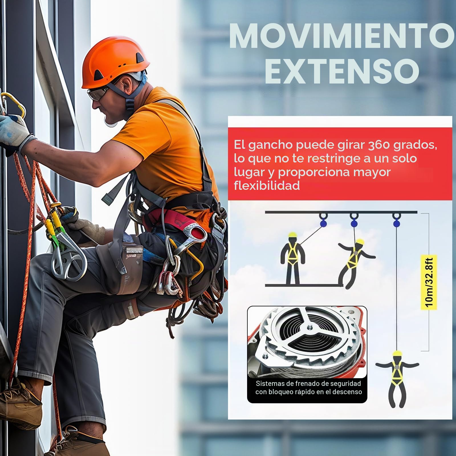 Dispositivo Anticaida Retractil 10M, Arnes de Seguridad Trabajo en Altura, Protección Contra Caídas de Techo con Función de Bloqueo Automático, Carga Máxima: 200kg