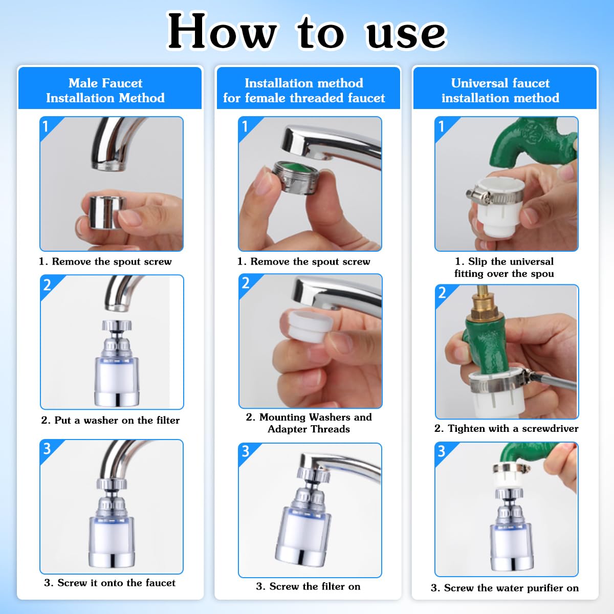 3 filtri per rubinetto rubinetto girevole a 360° filtro dell'acqua con 10 elementi filtranti in cotone PP, filtro universale anticalcare, rubinetto, estensione del rubinetto per cucina e bagno