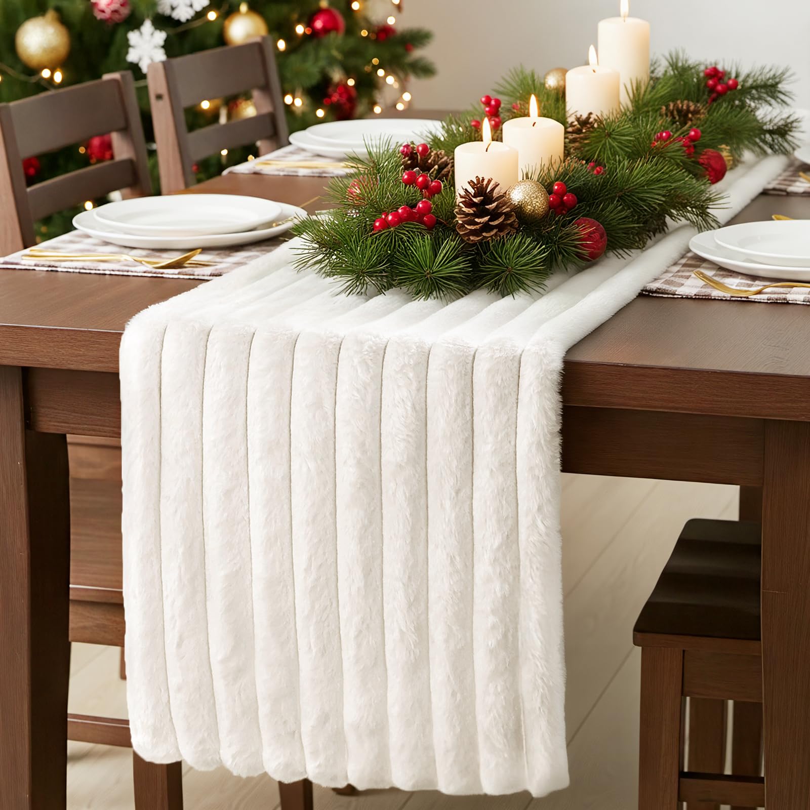 Bunny Chorus Chemin de table en fausse fourrure : 183 cm - Collection de chemins de table à rayures blanches - Style bohème rustique - Décoration de table de Noël - Décoration d'intérieur - Banquet