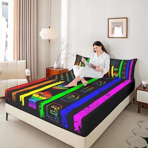 Miniatura 2 de Manfei Juego de sábanas bajeras de tamaño individual, diseño de rayas de arcoíris, juego de ropa de cama de 2 piezas para adolescentes, niños,