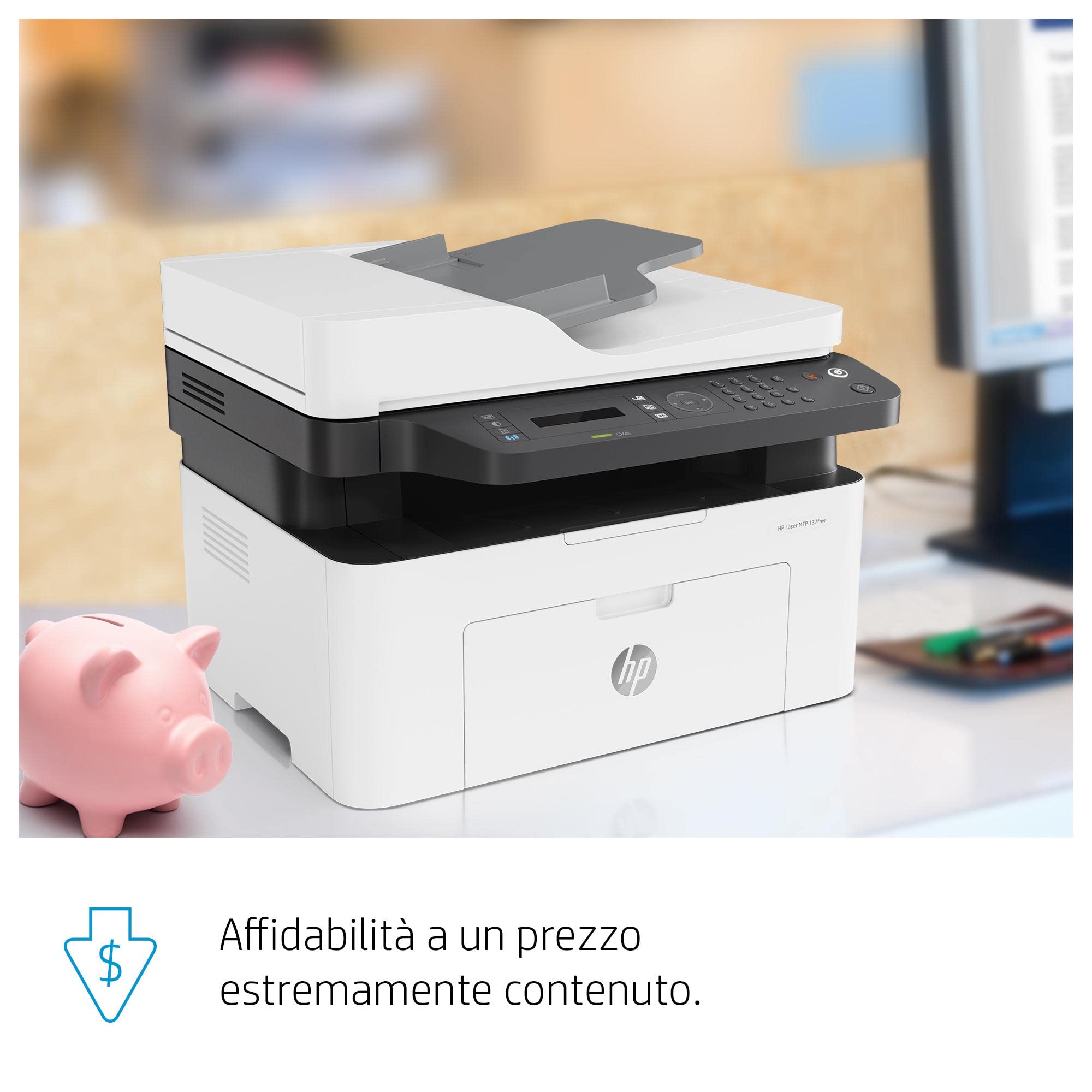 HP LaserJet MFP 137fnw 4ZB84A, Stampante Multifunzione A4, Stampa Fronte e Retro Manuale in b/n, 20 ppm, USB, Wi-Fi, Ethernet, Fax, ADF, Schermo LCD a 2 righe con tastierino, Bianca