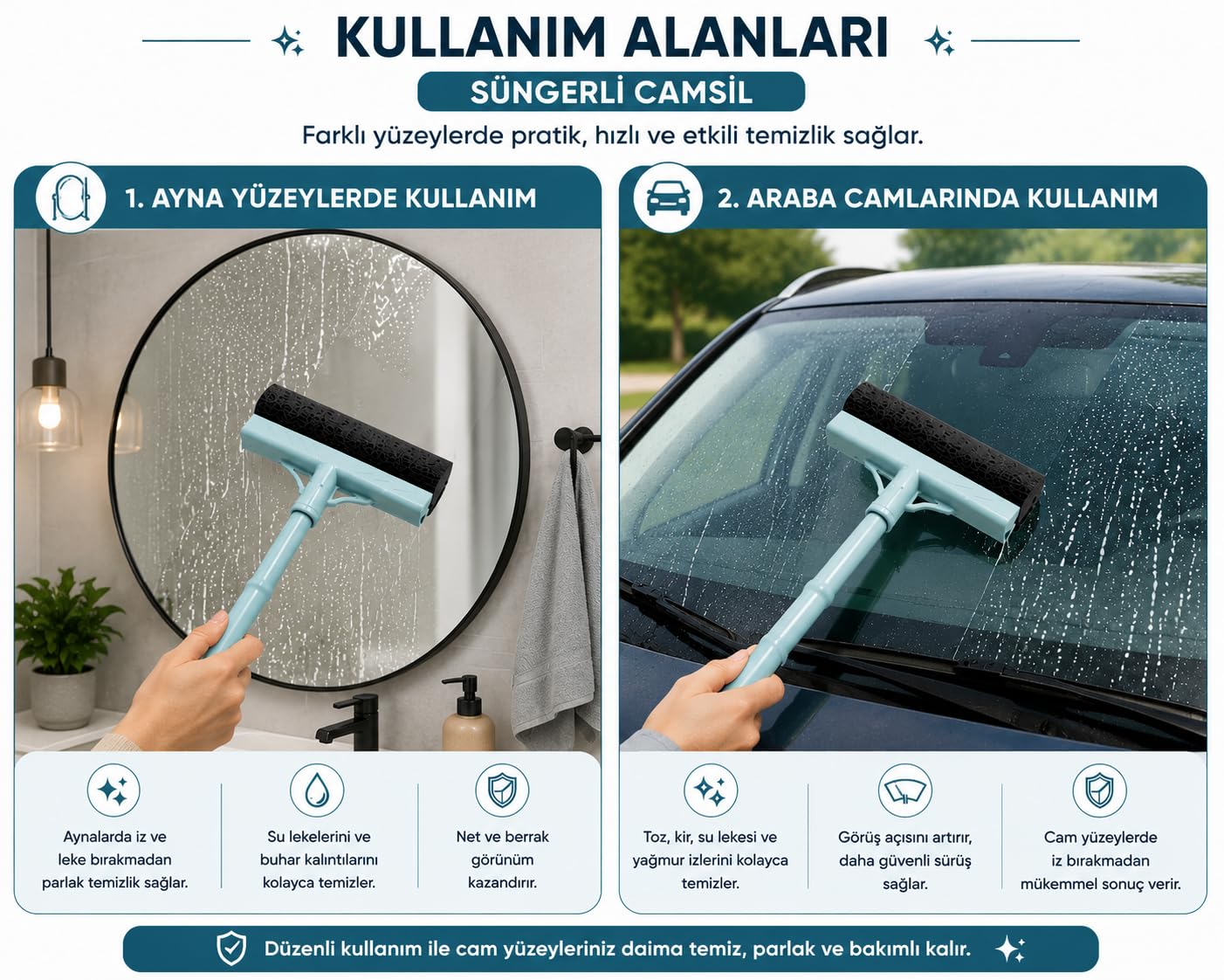 Süngerli Camsil Cam, Ayna, Fayans ve Duşakabin Temizleme Aparatı – Ergonomik Saplı Çekçekli Cam Silme Aparatı, Açık Mavi