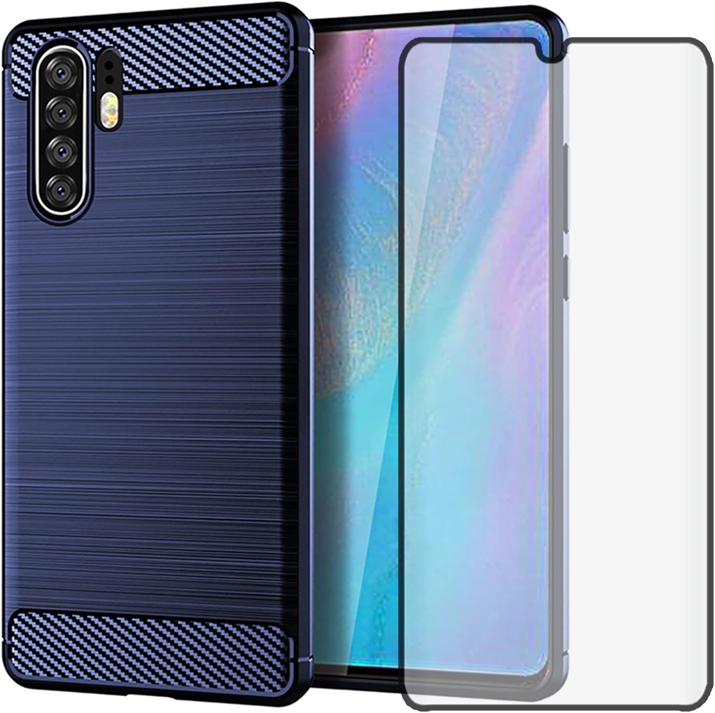 Phone Case for Huawei P30 Pro and Tempered Glass Screen Protector Film Cover with Mobile Accessories Slim Thin Shockproof Soft Silicone Rubber TPU Huwai Hawaii Hwauei Haweii P 30 30pro Girls Men Blue