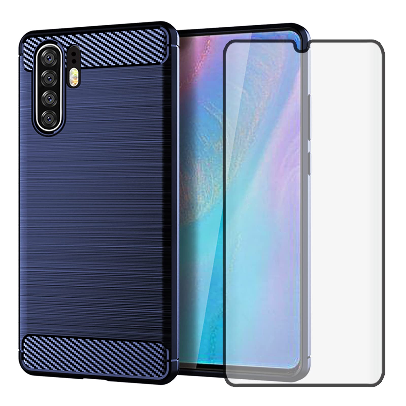 Phone Case for Huawei P30 Pro and Tempered Glass Screen Protector Film Cover with Mobile Accessories Slim Thin Shockproof Soft Silicone Rubber TPU Huwai Hawaii Hwauei Haweii P 30 30pro Girls Men Blue