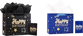 13" Black + Blue Happy Birthday Gift Bag with Tissue Paper and Greeting Card for Party,Happy Birthday Gift Bag for Men Women, Gift Bags Medium size2 PCS Black & Blue