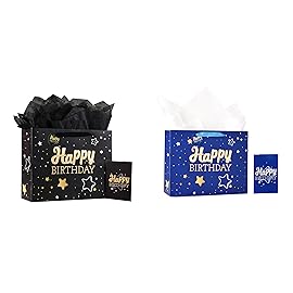13 Black + Blue Happy Birthday Gift Bag with Tissue Paper and Greeting Card for Party,Happy Birthday Gift Bag for Men Women, Gift Bags Medium size(2 PCS Black & Blue)