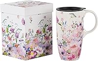 Topadorn 17oz Ceramic Travel Mug Pink Garden - Porcelain Coffee Tea Cup with Splash-Proof Lid & Gift Box