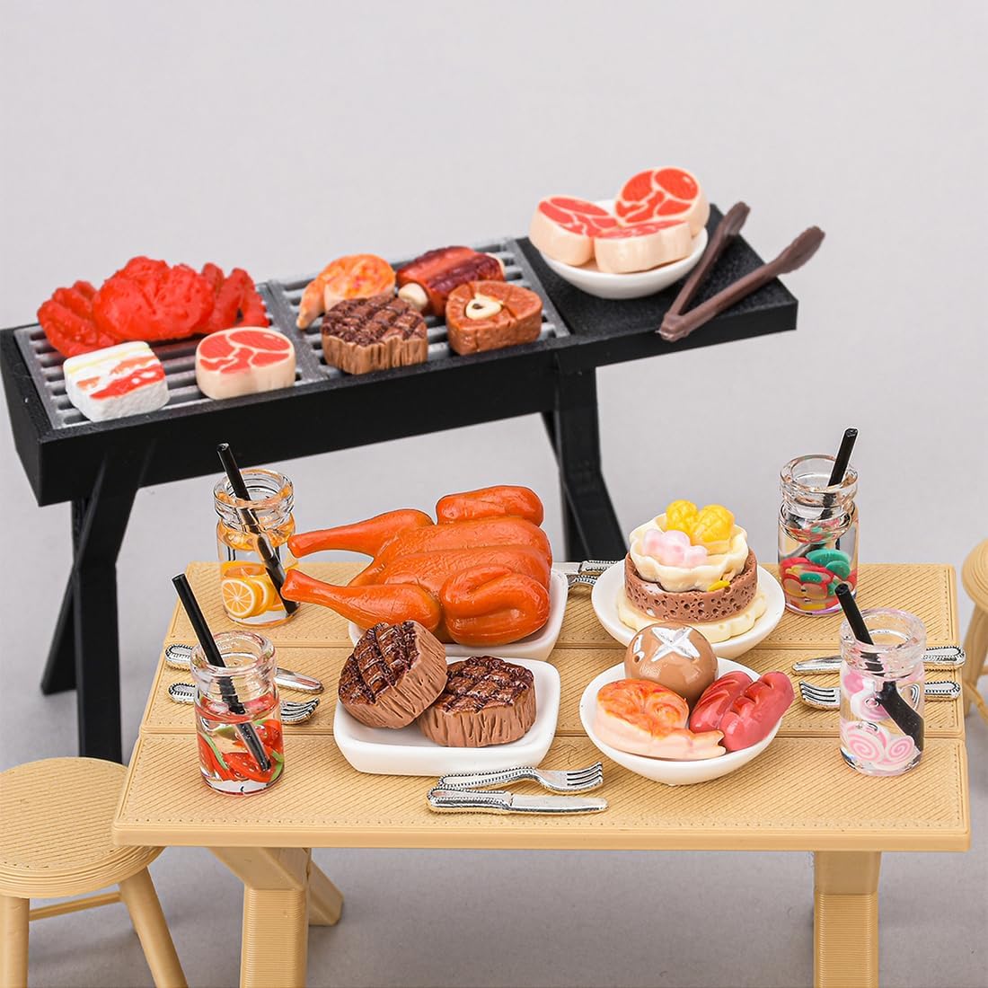 1/12 Miniature BBQ Grill Model Picnic Set with Table Chair & Action Figure - Realistic Roasting Food Prop for Outdoor Diorama Landscape