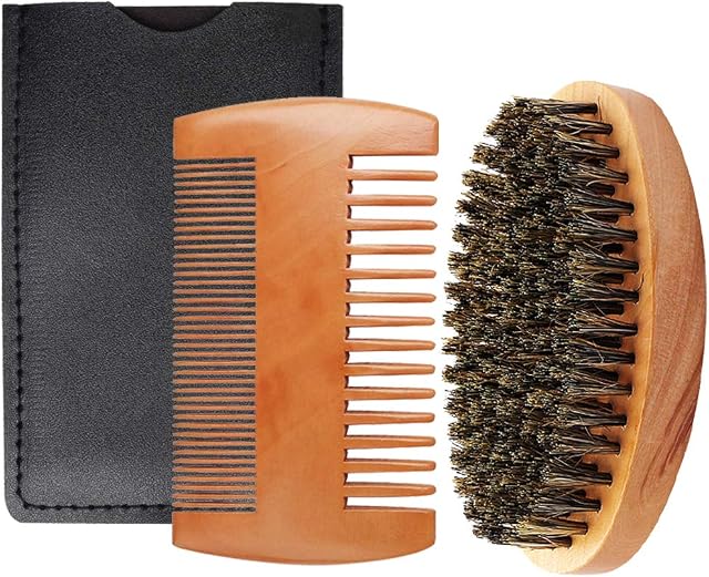 kuou Beard Comb Brush Set, Boar Bristle Beard Brush, Portable Hair Comb with Travel Pouch for Combing Beard Hair, Removing Debris, Massages Face and Gets Rid Of Dead