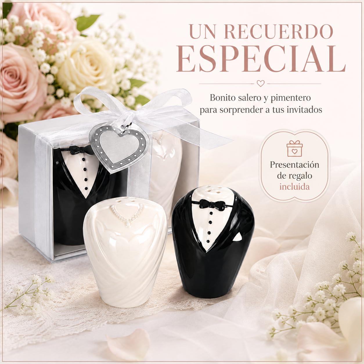 Detalles para Boda Invitados, Salero y Pimentero Novios Cerámica, 25uds | Detalle práctico para invitados de boda, ideal para repartir en ceremonias, banquetes o eventos de verano.