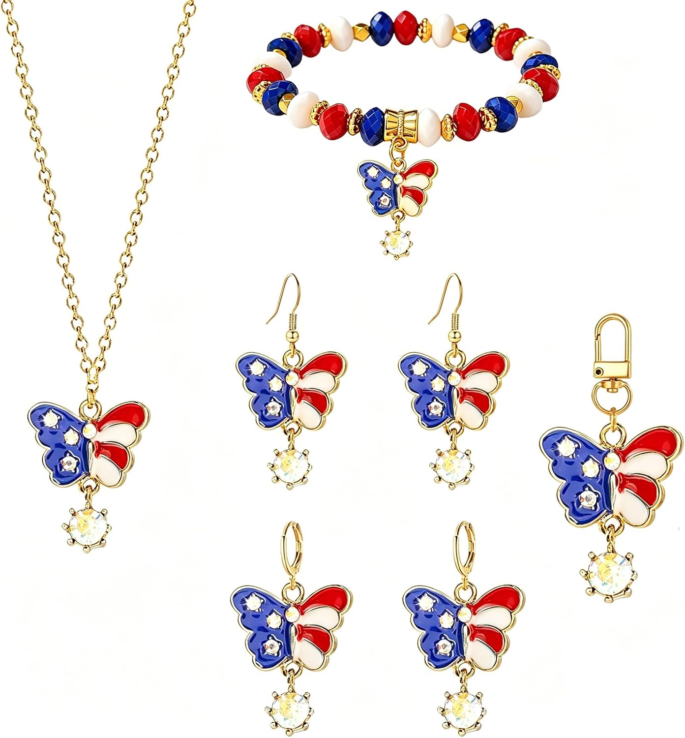 WCRAZYE 4th of July American Flag Necklace Earrings Set for Women Sparkly Patriotic Flag Heart Star White and Blue Earrings Bracelet Patriotic Independence Day Accessories
