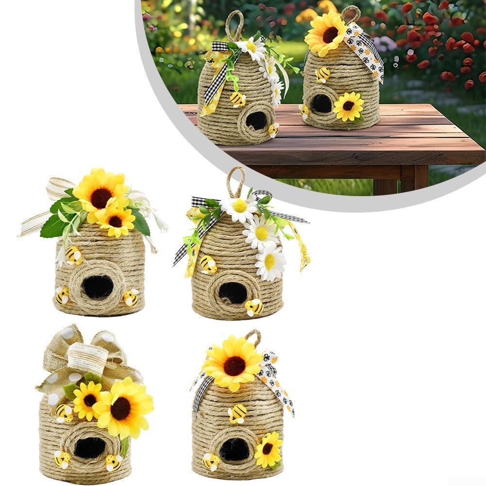 FACAIIO Handgefertigter Jute-Bienenstock-Ornament mit Holzbienen, Büffelkariertes Band, Landhaus-Dekoration (A und A)