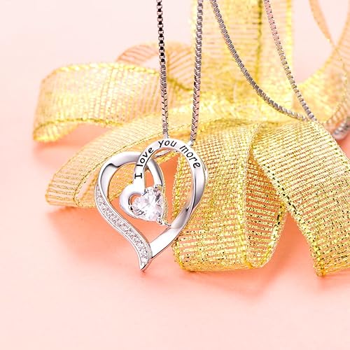 Miniatura 4 de FLYOW Regalos para mamá, collar de corazón con texto en inglés "I Love You More" para mujer, plata de ley 925 con circonita cúbica, colgante para