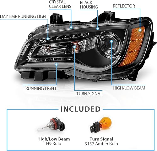 Miniatura 3 de AmeriLite Faros delanteros negros para Chrysler 300, lado del pasajero y del conductor