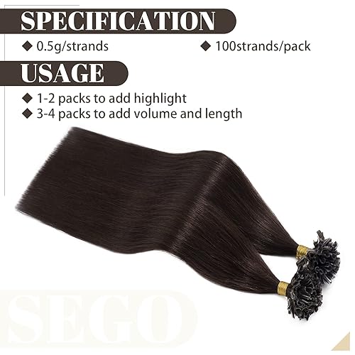 Miniatura 4 de SEGO Extensiones de cabello humano Remy con punta en U, extensiones de cabello humano lacio y sedoso, 100 mechones por paquete, 20 pulgadas, color
