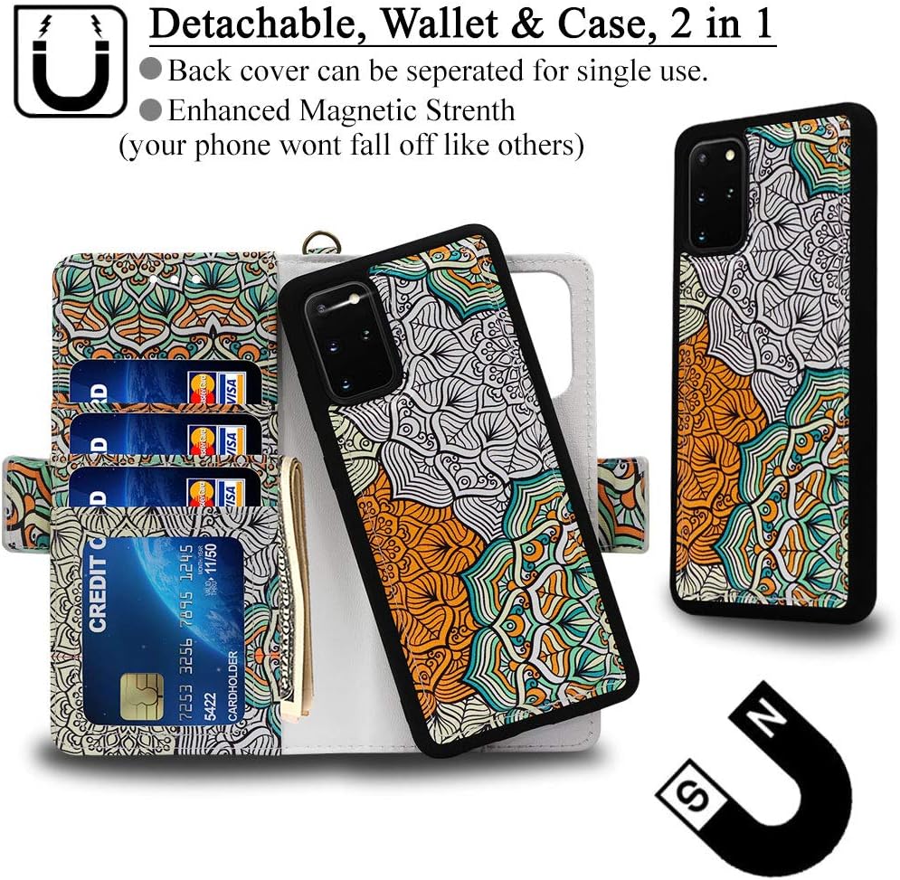 Mefon Galaxy S20 Plus Wallet Case Detachable, Wireless Charging Compatible, Durable Slim, 2 in 1 Magnetic Detachable Flip Cover Leather Folio Phone Cases for Samsung Galaxy S20+ 5G 6.7" (Mandala 2)