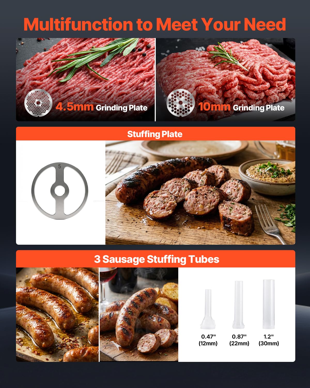 VEVOR Tritacarne Elettrica 1100 W da Cucina in Acciaio Inox, Tritacarne Capacità 9,5 kg/min con 3 Dischi 3 Tubi per Salsicce Salami Carne con Piedini Antiscivolo, Cucina Commerciale Ristorante Hotel
