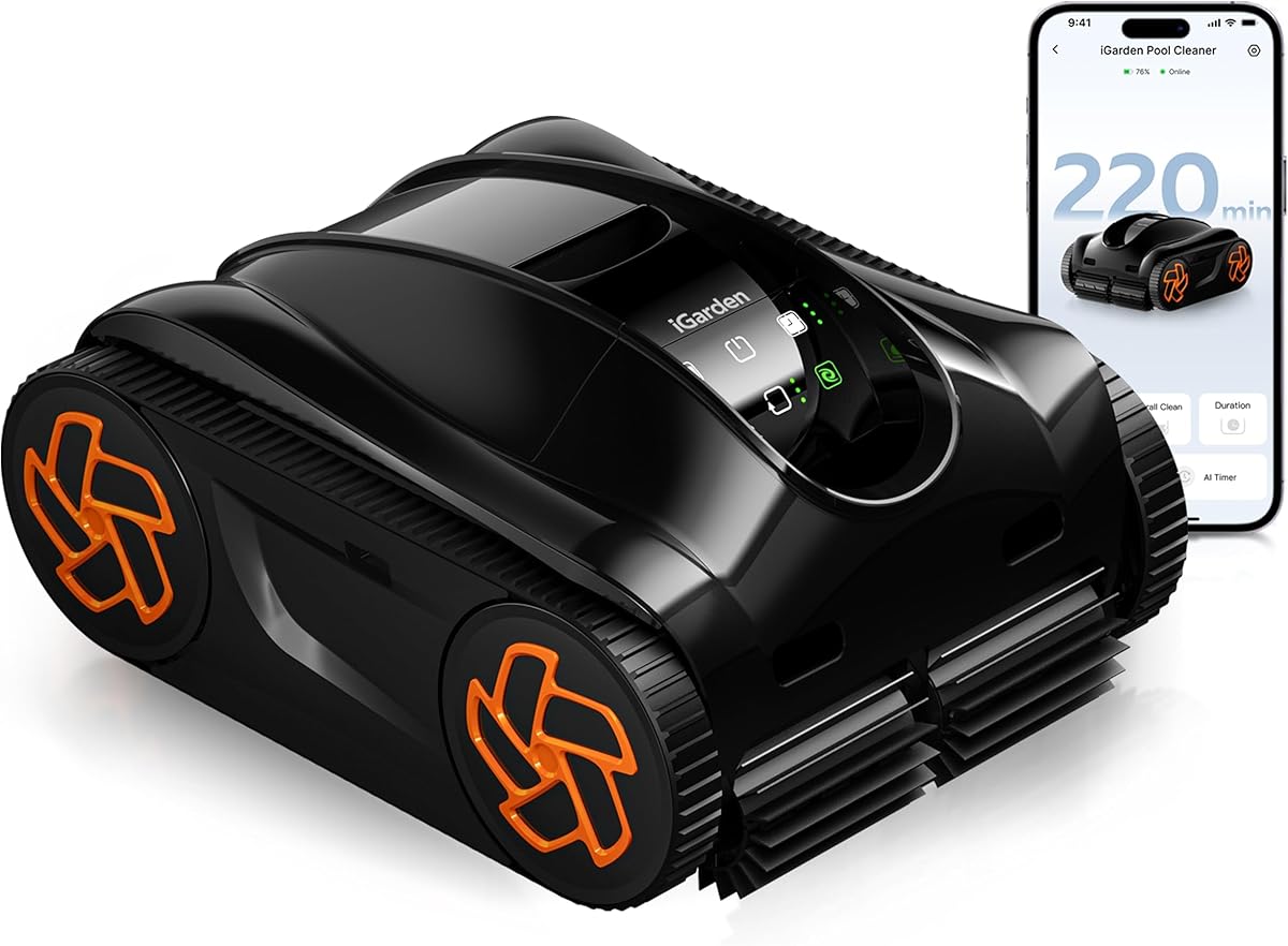 iGarden Robotic Pool Cleaner K Series, Cordless Pool Vacuum Robot for Inground & Above Ground Pools, Smart Navigation, Touchscreen, Self-Parking, Cleans Floor, Wall & Waterline, 220 Min
