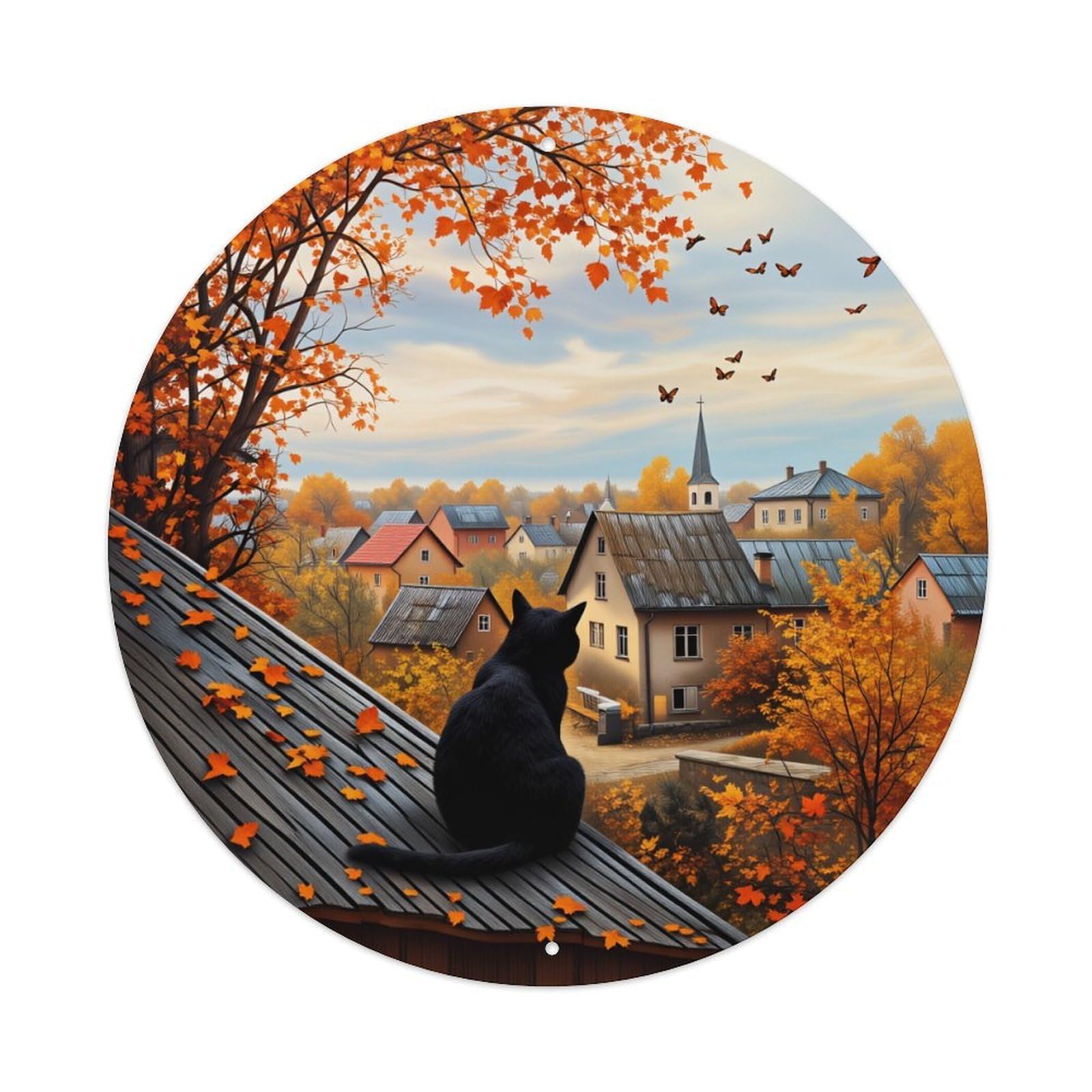 Cat Rooftop Leaves Trees Sky Butterflies House Church Metal Tin Sign Plaque