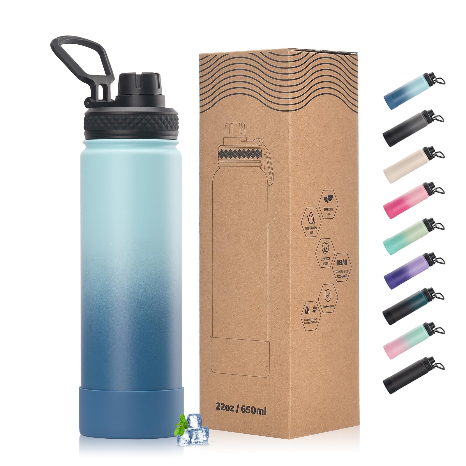 WATERSY Stainless Steel Vacuum Insulated Water Bottle 22oz, Drink Flask Metal Water Bottles 650ml Leakproof with Spout Lid Keep 48 Hours Cold Drinks for Sport, Work, Travel