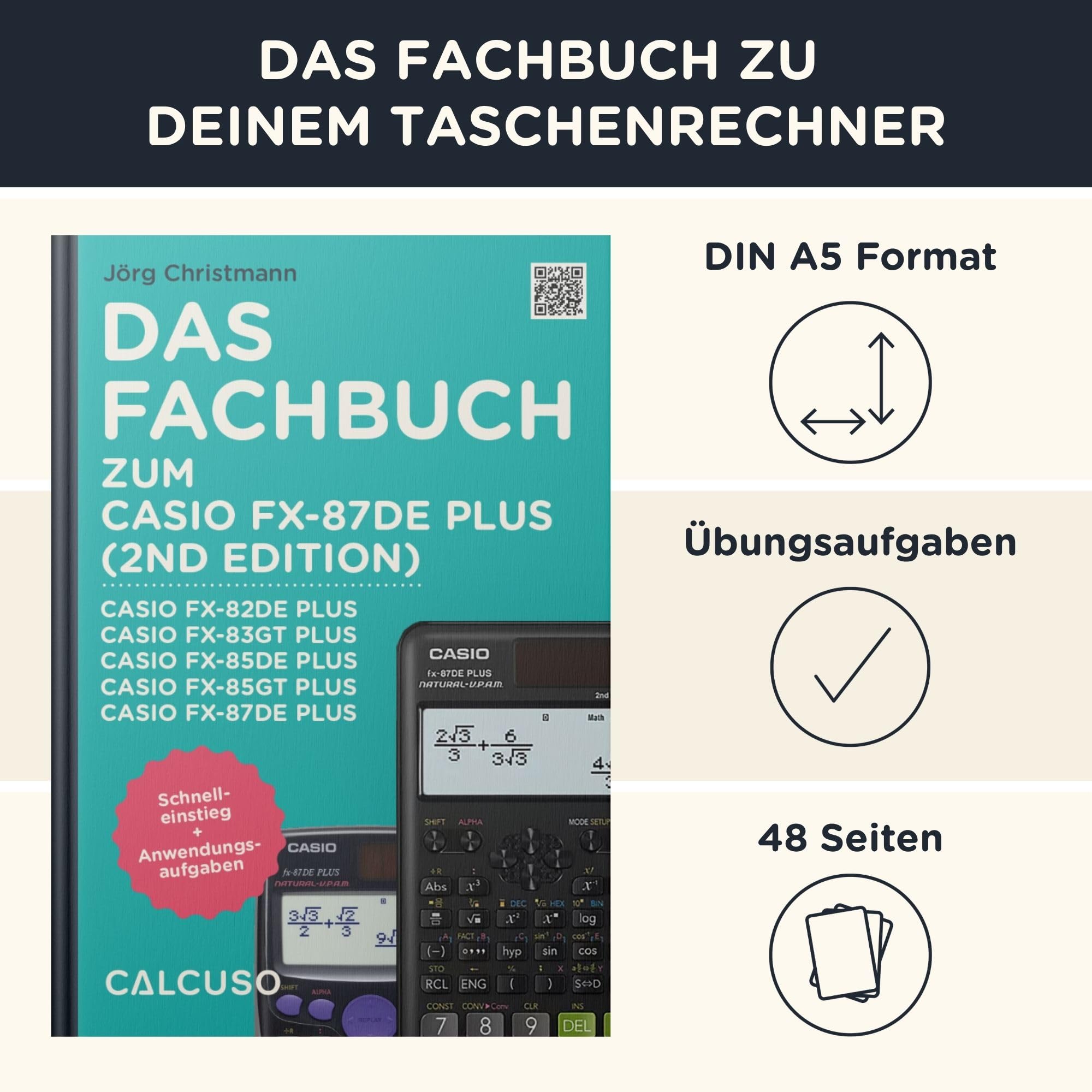 Casio fx-87DE Plus 2nd Edition inkl. Schutztasche Schwarz & Fachbuch (48 Seiten, DIN A5) – Wissenschaftlicher Rechner – Smart Set