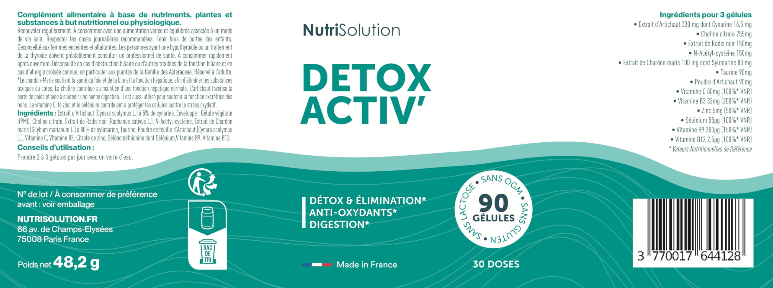 Nutrisolution I Détox Activ’ I 90 Gélules I Complément Alimentaire Détoxifiant I Chardon Marie Détoxification du Foie I Cure Detox Puissante et Rapide I Elimination Toxines I Fabriqué en France