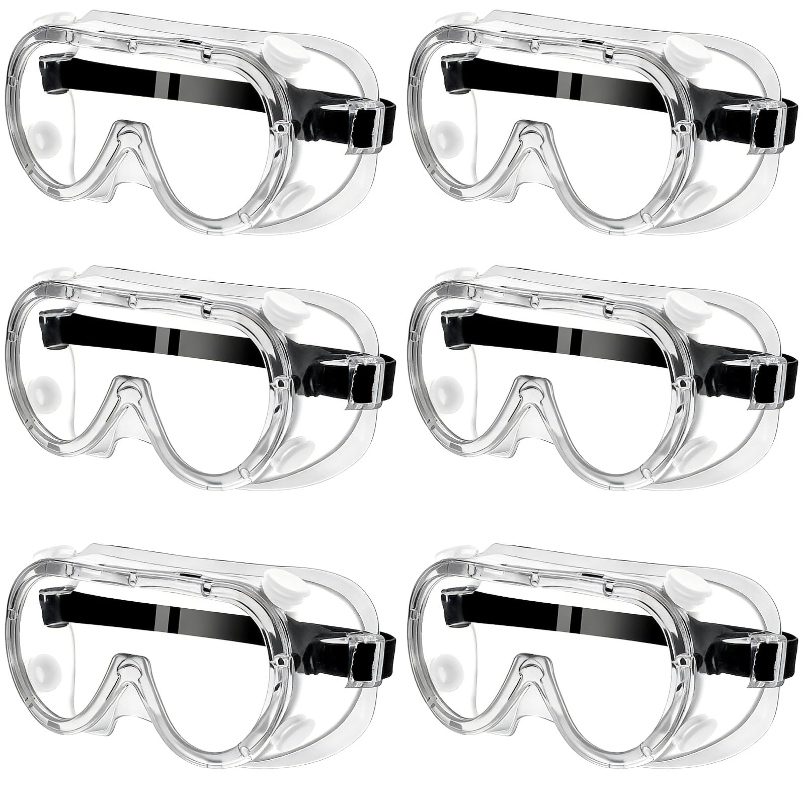 6 Stk. Sicherheitsbrillen, transparente Arbeitsschutzbrille mit verstellbarem Gurt, Vollabdichtung für Augenschutz, für Bau, Labor, Zuhause, PC-Scheiben, beschlagfreie Sicht und klare Farben