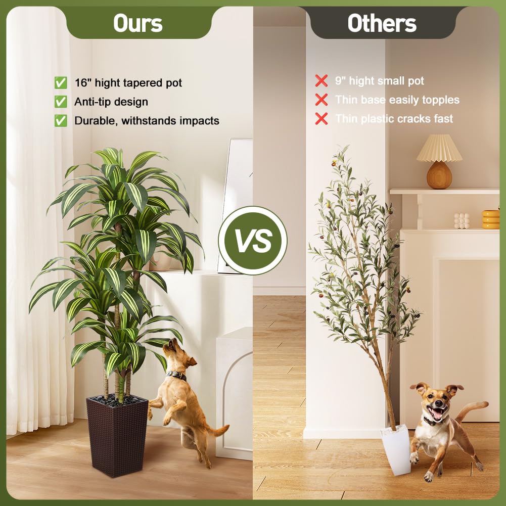 VeriNatural Künstlicher Drachenbaum 180 cm Kunstpflanzen Groß - UV-beständige künstliche Pflanze mit 96 Blättern, Braun Topf & Flusssteinen - Deko Pflanze für Wohnzimmer Büro Indoor Outdoor, VN127 | Kunstpflanzen Groß mit 76 Blättern & Flusssteinen Deko K