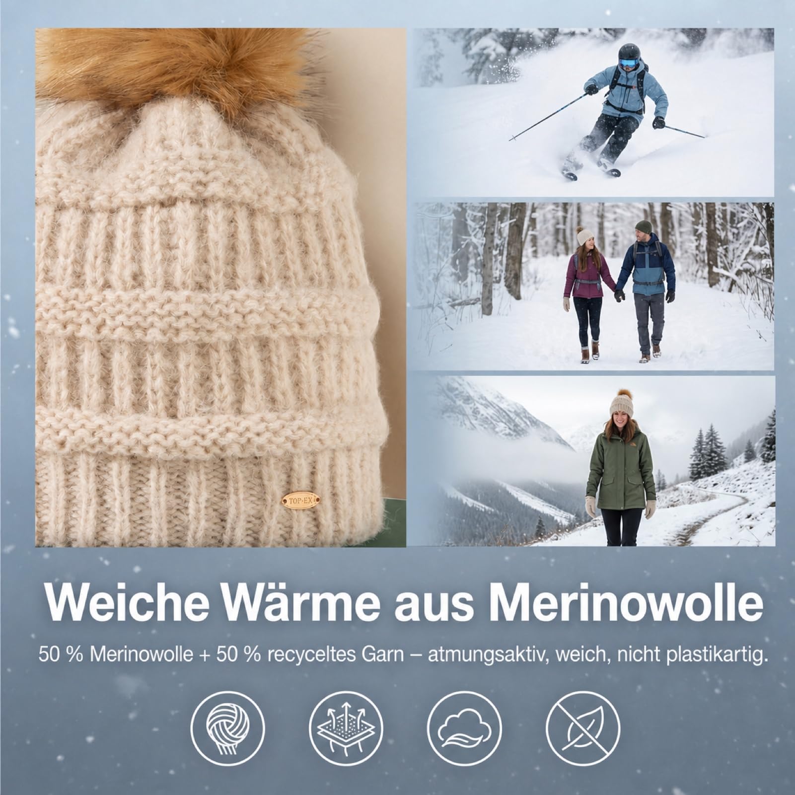 TOP-EX Damska czapka zimowa Beanie 50% wełna merynosowa z otworem na