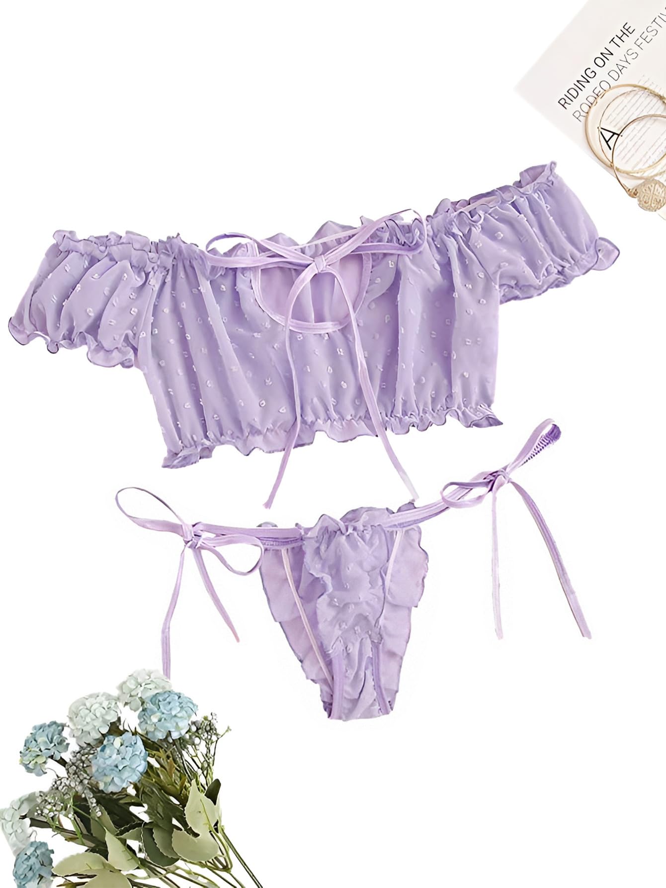 Lilosy Sexy Stretch Ruffle Tie Sheer Mesh Lingerie Set Outfits: Large Chiffon Lavender Purple