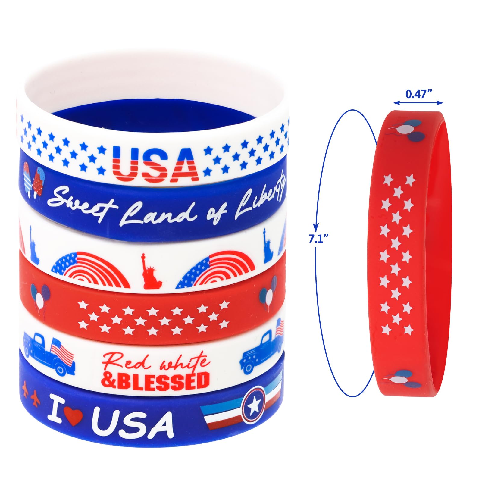 4th of July Party Favors Silicone Bracelets Patriotic Red White Blue Rubber Wristbands American Flag Accessories for Kids Adults Independence Day Parade Decorations Classroom Gifts Prizes 30Pcs