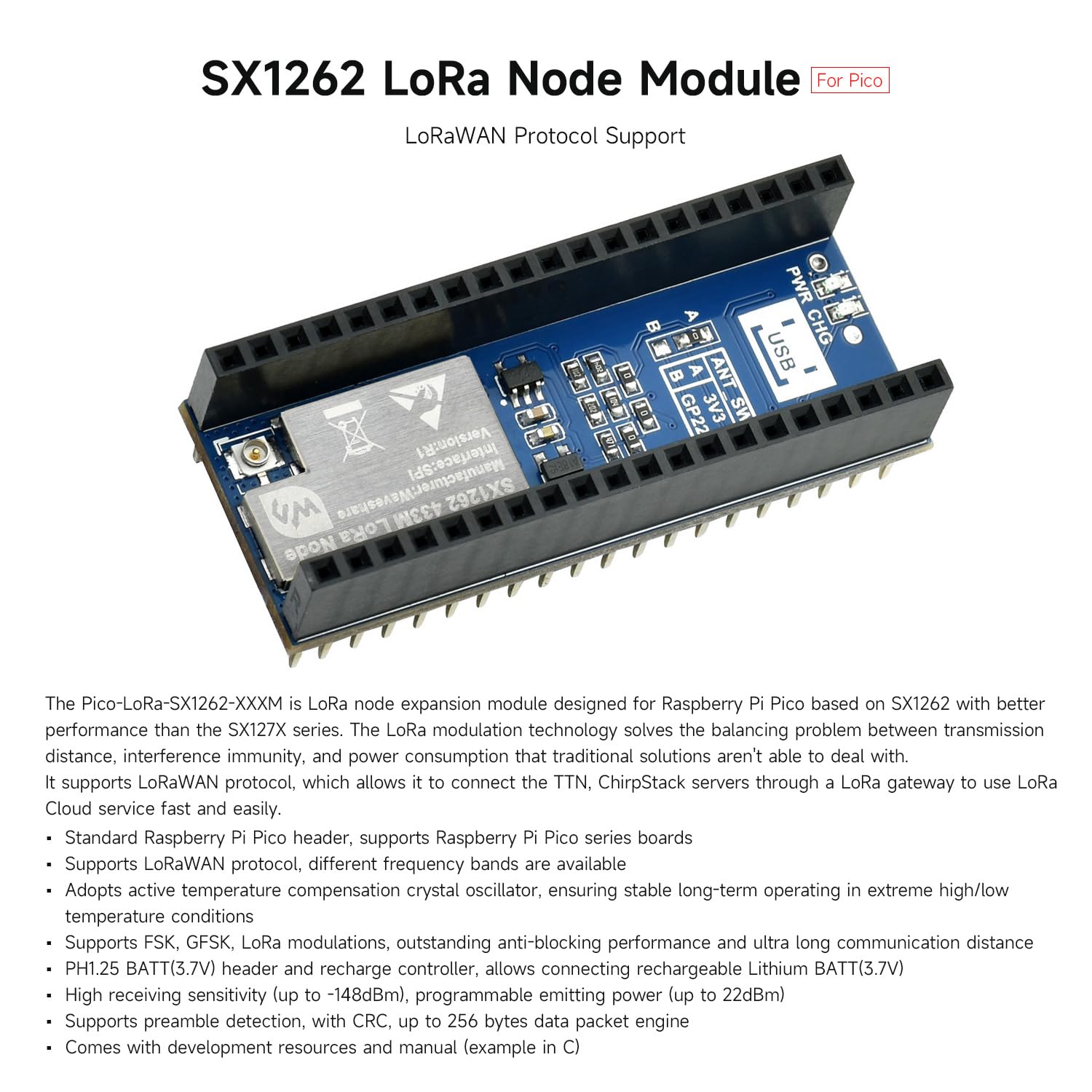 Amazon.com: Waveshare Pico SX1262 LoRa Node Module, Compatible