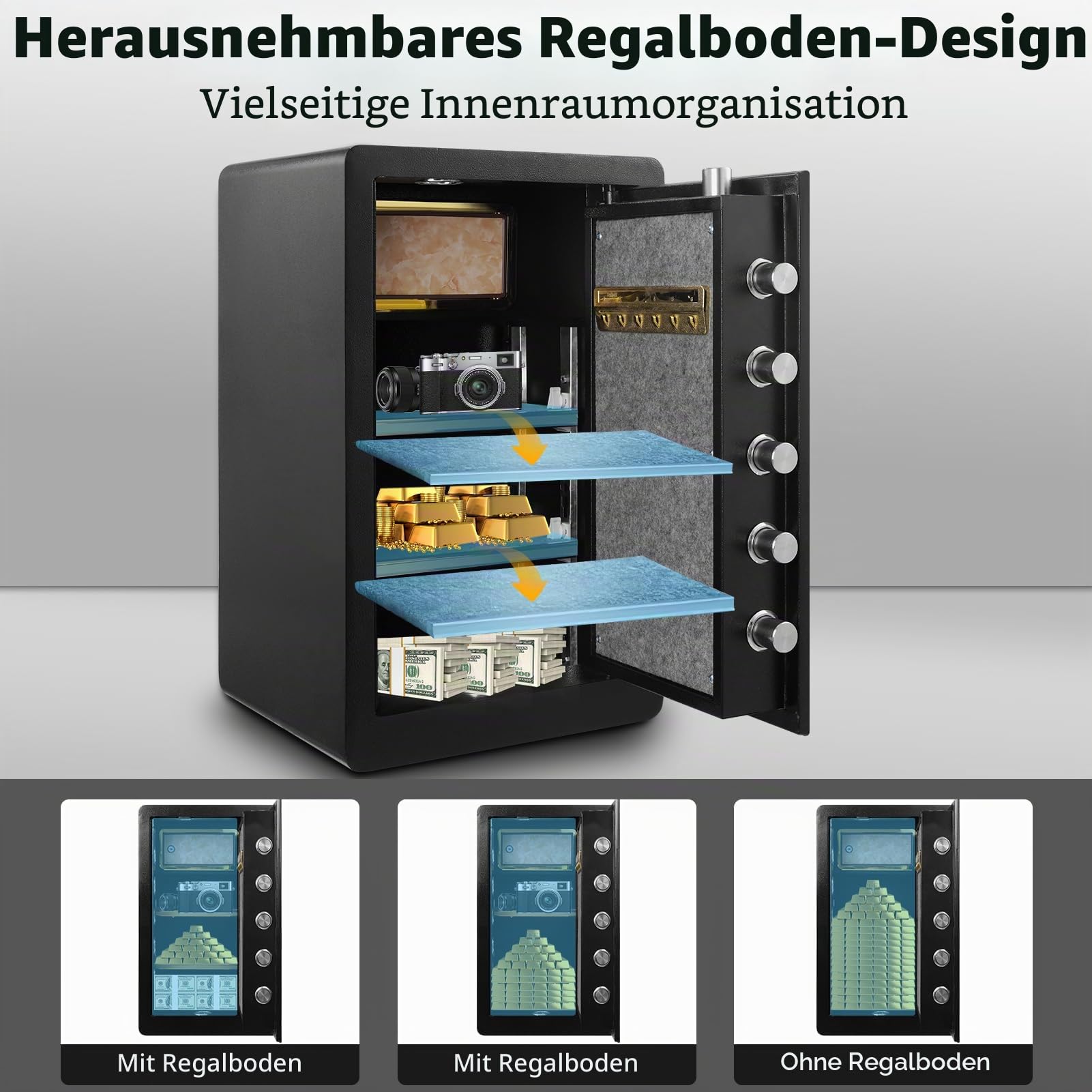 73L Großer Safe Tresor für Zuhause,Tresor Feuerfest Wasserdicht mit Schlüssel,Zahlenschloss,Digitaler Heimtresor mit Herausnehmbarem Regal & Dualem Alarmsystem,Safe Tresore für Schmuck Bargeld