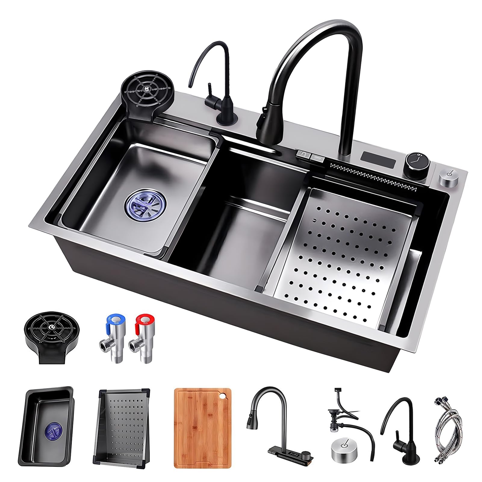 ZQFHSX Large Waterfall Kitchen Bar Sink With Pull Out Faucet, Cup Washer And Drain Accessories, Single Bowl Workstation Sink, Stainless Steel RV For Drop In, Undermount(68x46x22cm)