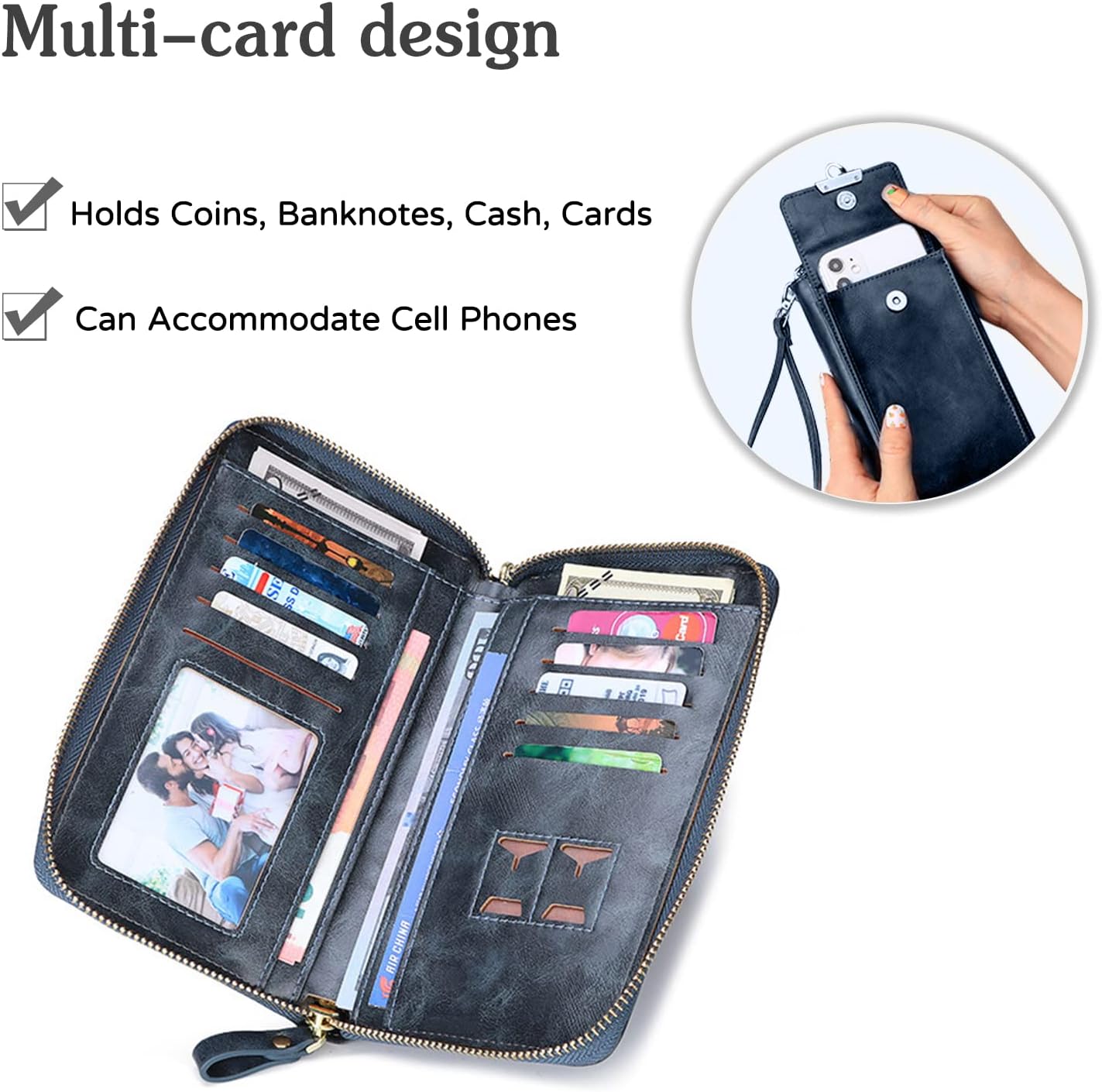 Wristlet Bag Women's Crossbody Bag Clutch Purse Bag Leather Cell Phone Bag with Wrist Strap Card Slots Wristlet Wallet Handbag for Party Wedding Travelling Blue