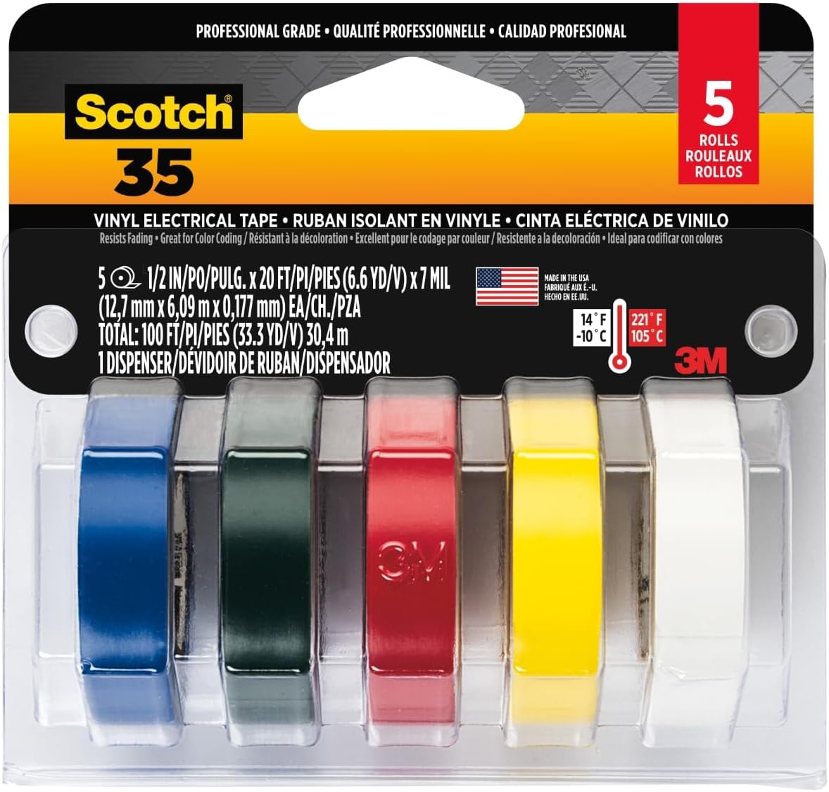 Electrical Tape, 0.5 in X 20 ft, 5/pk, Colored | Fade Resistant Color Coding Tape, High Adhesion, Stretchy Vinyl, Indoor And Outdoor Use, Good For Cable Jacket Repair