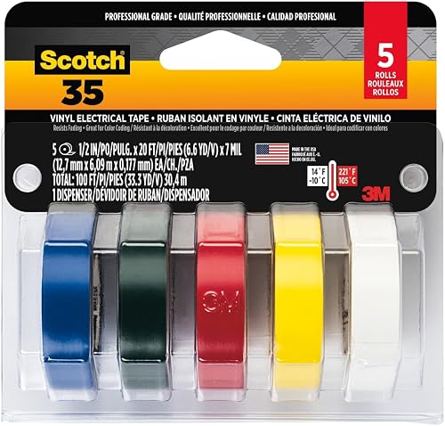 Electrical Tape, 0.5 in X 20 ft, 5/pk, Colored | Fade Resistant Color Coding Tape, High Adhesion, Stretchy Vinyl, Indoor And Outdoor Use, Good For Cable Jacket Repair