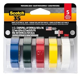 Scotch Vinyl 35 Electrical Tape, 5 Rolls, Multi-Color Pack, Ideal for Cable Jacket Repair & Electrical Insulation, Premium Vinyl Material for Durability, Indoor & Outdoor Use, High Adhesion 10457DC