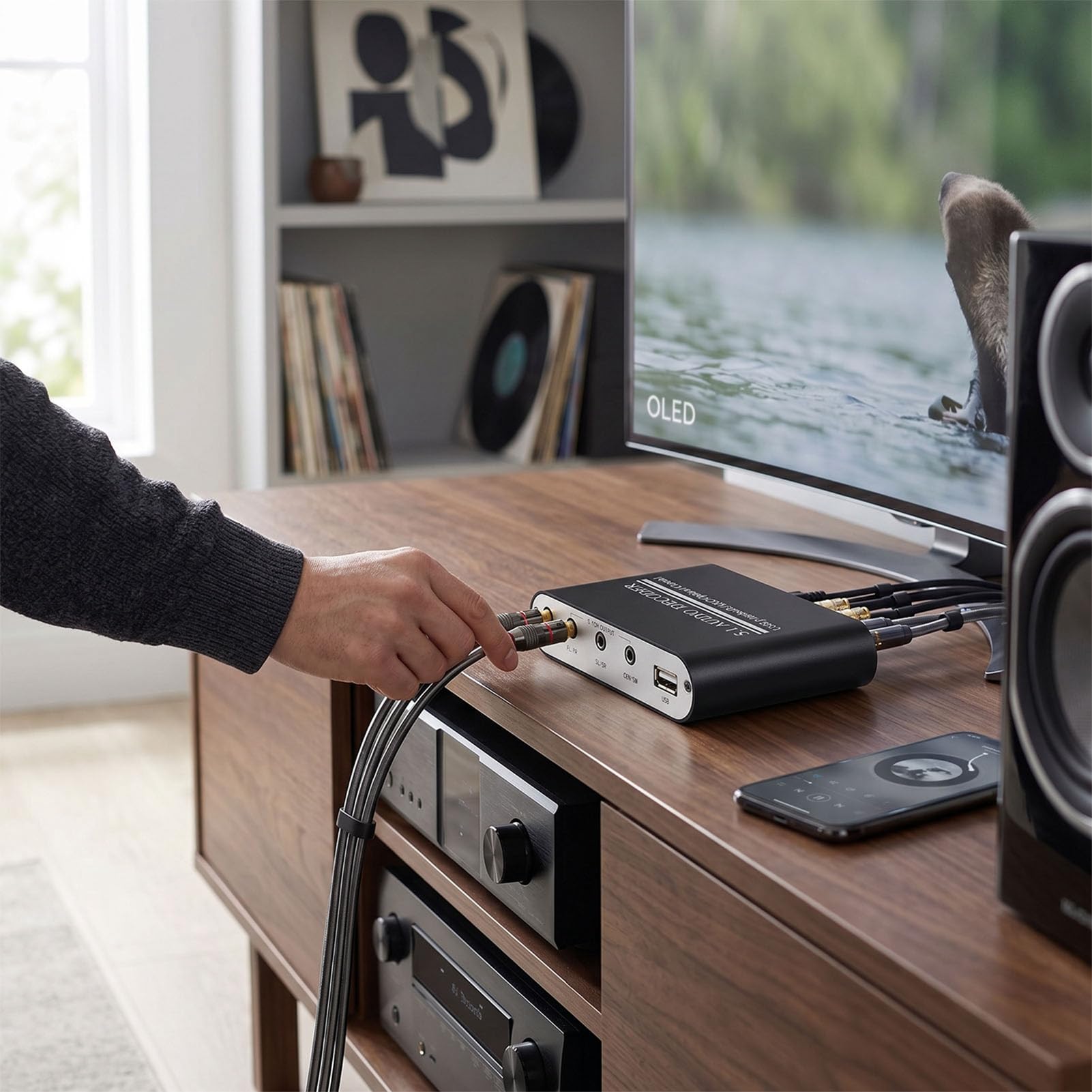 5.1 Dekoder Dźwięku Kanałowego Bluetooth 5.0 108x88x27mm (wtyczka | Stop Aluminiumowy, Optyczny Kabel Współosiowy ARC USB, DTS AC3 LPCM, Muzyka Filmowa Gamingowa, Cyfrowy na Analogowy