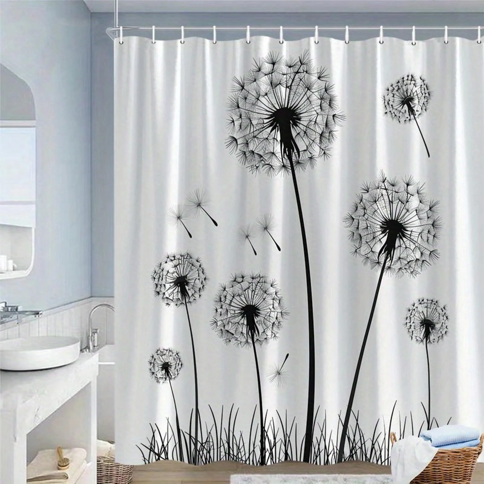 GLKSDLPO Of A Simple Black And White Elegant Digital Line Art Of Seven Dandelions With Fluffy Seeds Against A White Backdrop(135x200cm/53x79in(WxH))