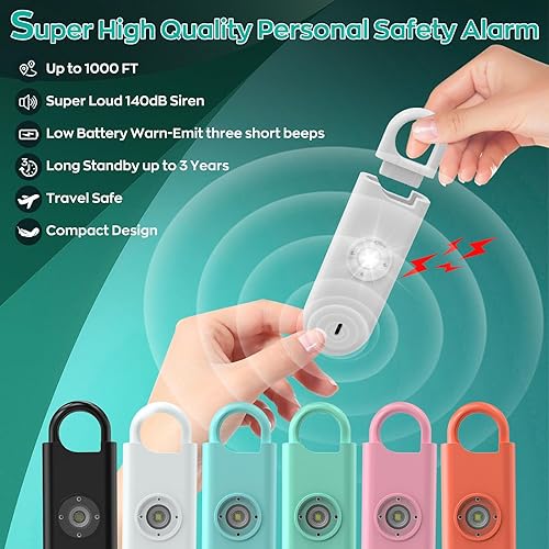 Miniatura 3 de Alarma de seguridad personal de 140 dB para mujeres, paquete de 6 llaveros de protección de alarma segura con luz estroboscópica y aviso de batería
