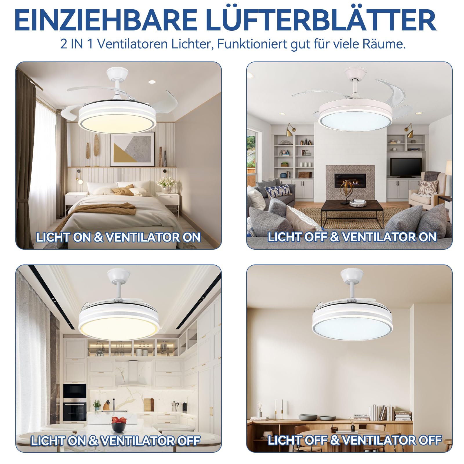 Warmfay Deckenventilator mit Beleuchtung, 108CM Ventilatorlicht Einziehbaren Flügeln, Leiser LED Deckenventilator, 3 Farbtemperaturen, Dimmbar, Reversible DC Motor, Timer, 6 Geschwindigkeiten, Weiß