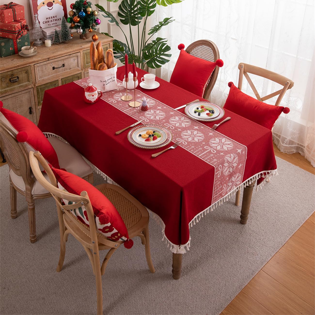 NamUla Red Tassel Tablecloth Christmas Polyester Fabric Rectangle Table Cloth Thickened Vintage Table Cover Dustproof Tabletop Decoration for Party Holiday (Ball,Rectangle,55"x86",8-10Seats)