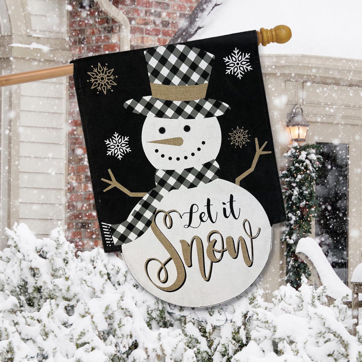 Checkered Snowman Burlap Winter House Flag Let It Snow 28" x 40" Briarwood Lane