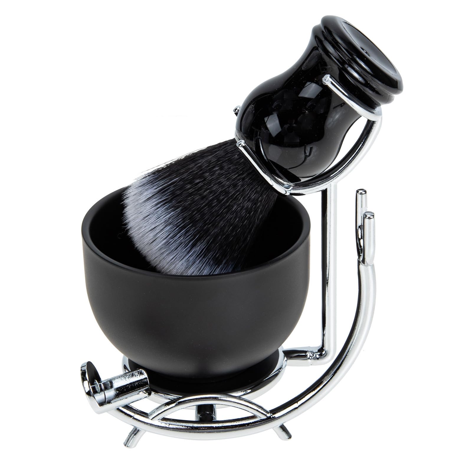 Kit de Rasage pour Homme 3 Pièces Brosse de Barbier Poils Naturels, Bol à Raser Noir et Argenté, Support en Alliage Métallique Stable pour Rasage Visage et Soin Barbe