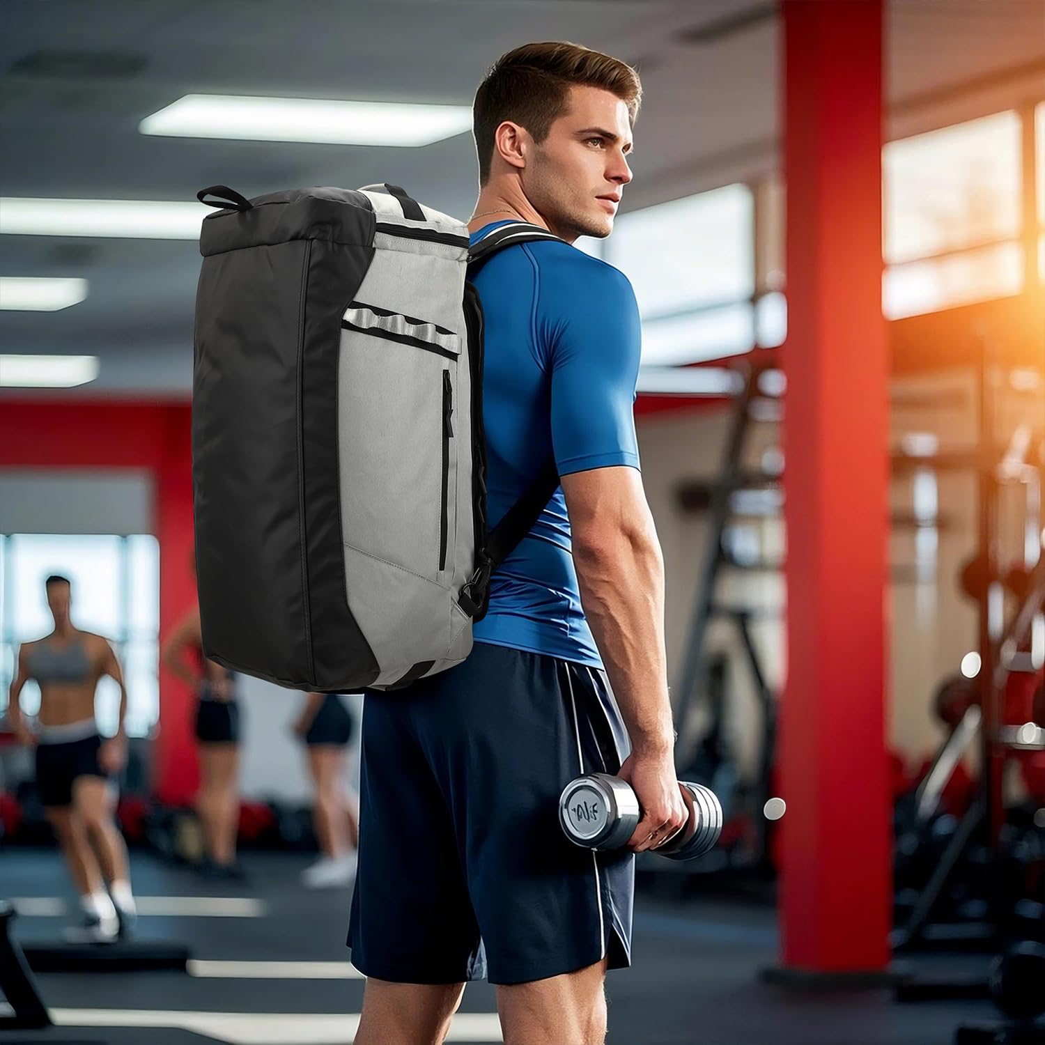 Reisetasche Herren Große 70L Sporttasche Rucksack mit Schuhfach Wasserdicht Gym Trainingtasche Damen Weekender Duffel für Reisen Sport Fitness, Grau