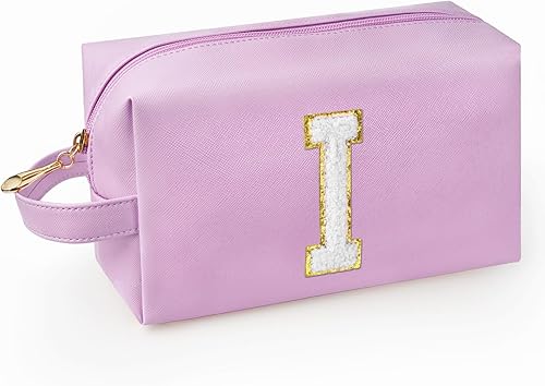 Vista 38 de Bolsa de maquillaje personalizada con inicial y asa, bolsa de cosméticos estilo preppy con bolsillo interior con cremallera, para niñas de 8 a 14