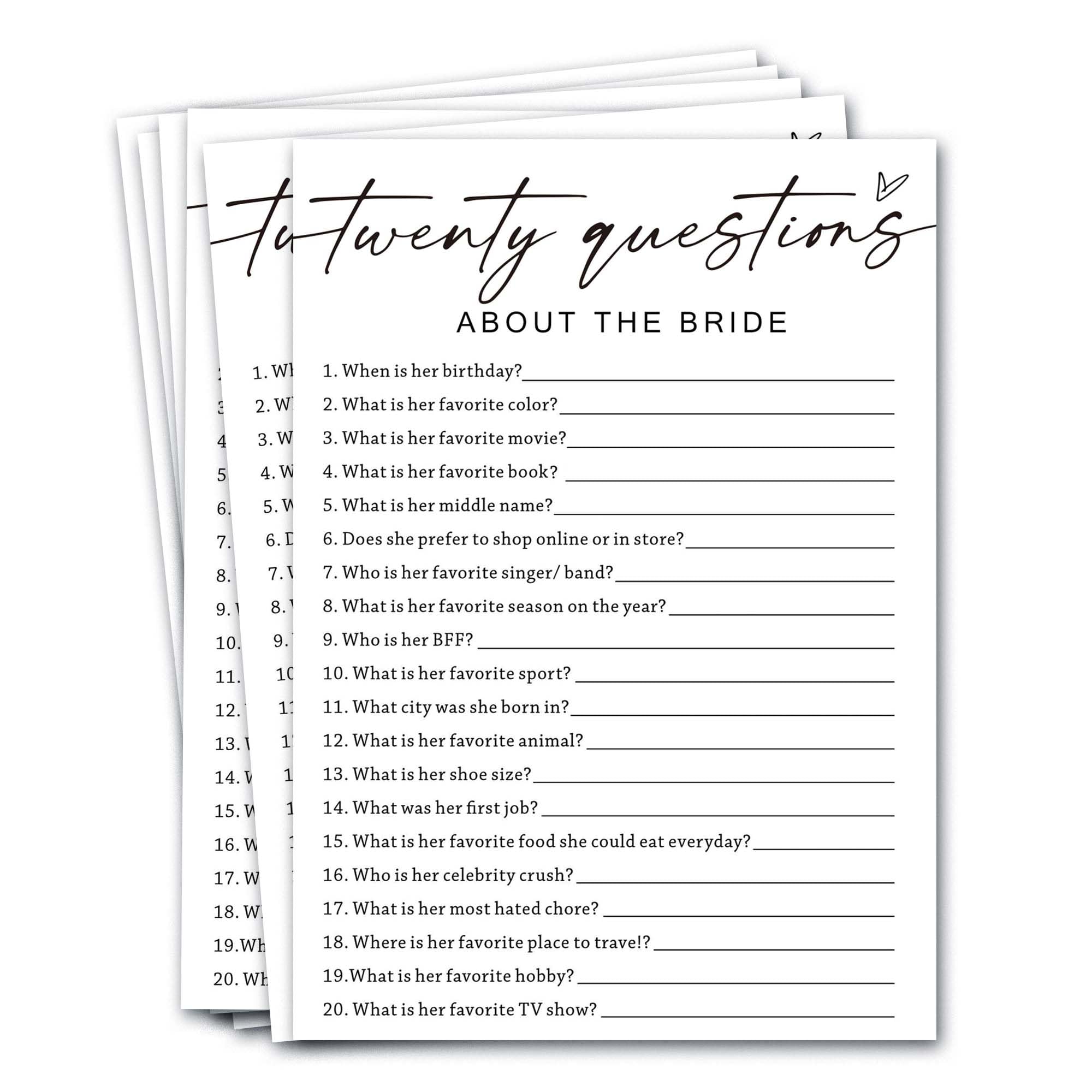 Wybgno Bridal Shower Games Cards, Twenty Questions About The Bride, Bridal Shower Game 25 Guests, Engagement Party Wedding Games for Guests, Minimalist White Wedding Party Supplies - A05